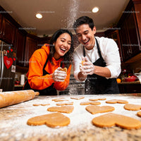 Couple laughing while baking heart shaped cookies
