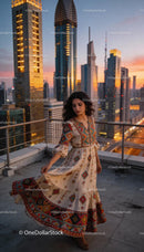 Woman in ethnic dress twirling on city rooftop at sunset