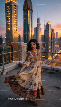 Woman in ethnic dress twirling on city rooftop at sunset