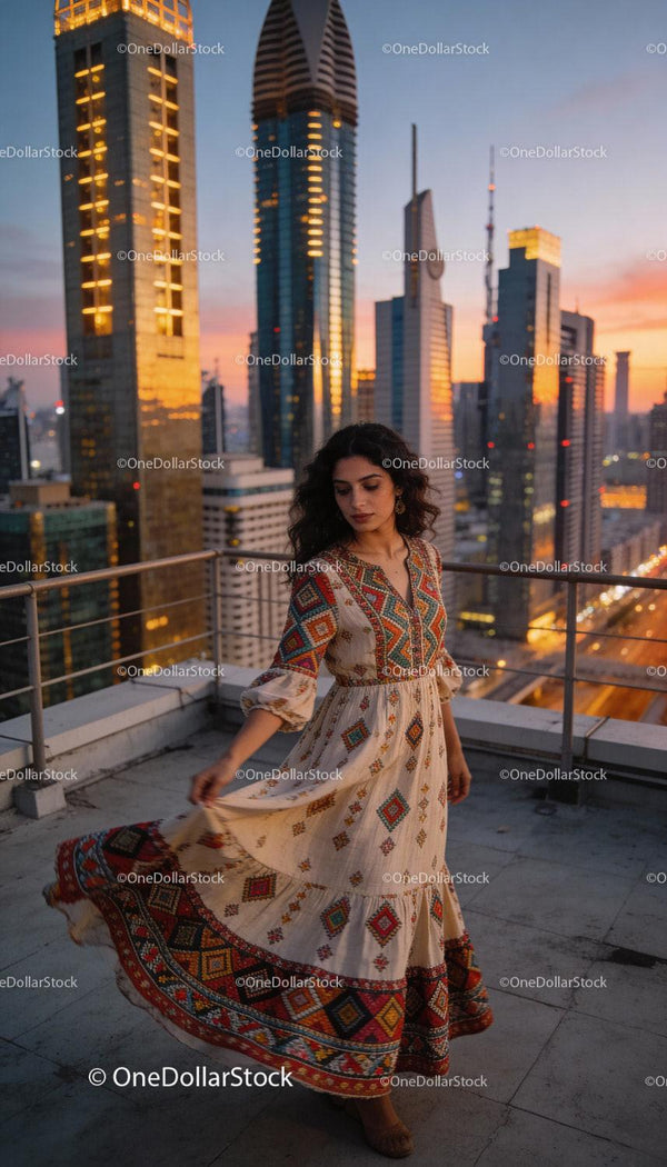 Woman in ethnic dress twirling on city rooftop at sunset