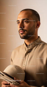 Elegant Man in Traditional Beaded Shirt Holding Straw Hat Portrait