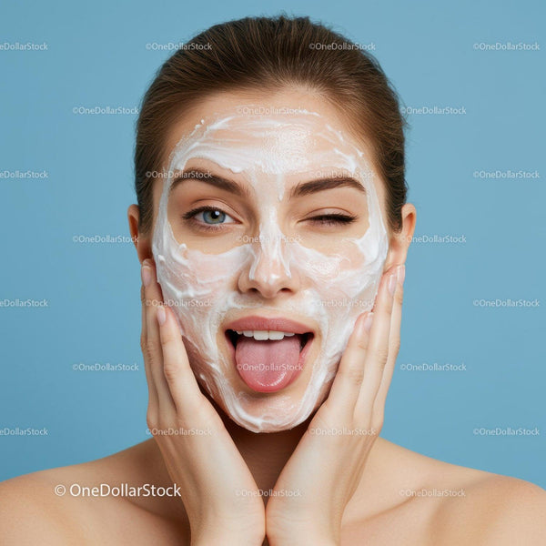 Joyful Woman Wearing Facial Mask Demonstrating Skincare Routine