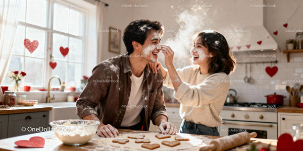 Couple Having Fun Baking Heart Cookies Together