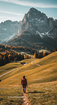 Scenic Mountain Landscape with Green Hills and Hiker in Alpi Dolomiti