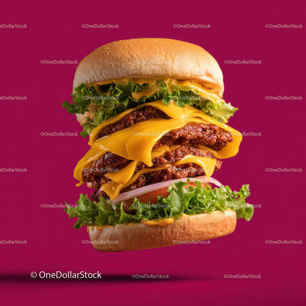 Gourmetowy Podwójny Cheeseburger Wołowy ze Świeżymi Warzywami na Różowym Tle