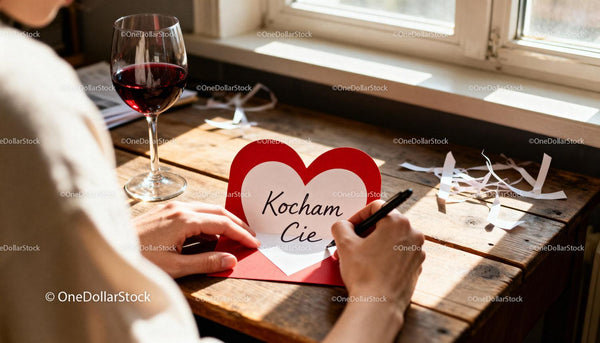 Writing a Valentine card with love message and red wine