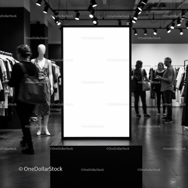 Blank vertical advertising board in modern fashion store JPG Mockup Image
