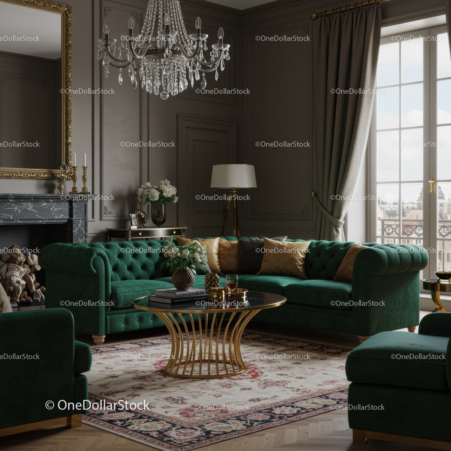 Elegancki salon z zieloną aksamitną sofą i żyrandolem