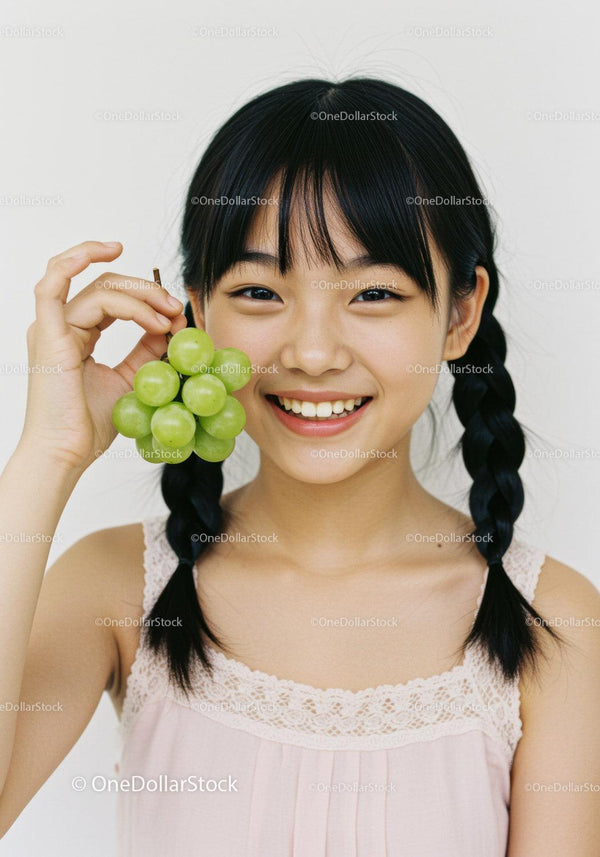 Cheerful Young Girl with Green Grapes in Bright Studio Setting