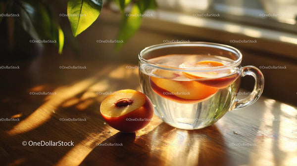 Fresh Peach Slices in Glass Cup on Wooden Surface with Sunlight