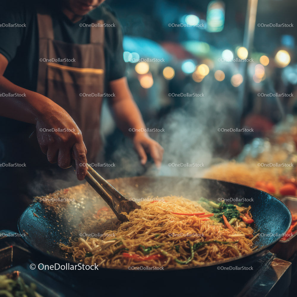 Stir-Frying Noodles in a Vibrant Night Street Food Market