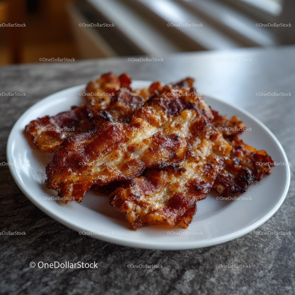 Crispy Bacon Strips on White Plate for Breakfast or Snack