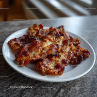 Crispy Bacon Strips on White Plate for Breakfast or Snack