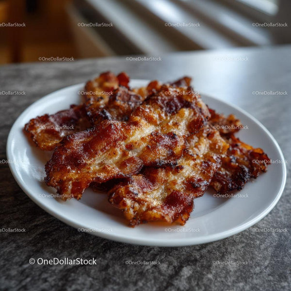Crispy Bacon Strips on White Plate for Breakfast or Snack