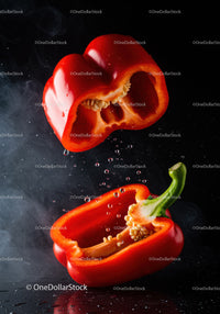 Fresh red bell pepper halves with water drops on black