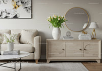 Elegant Living Room Decor with White Tulips and Wooden Sideboard
