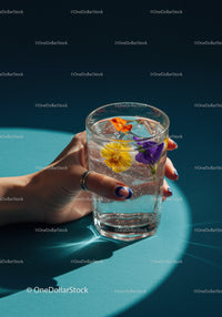 Hand holding glass of sparkling water with edible flowers