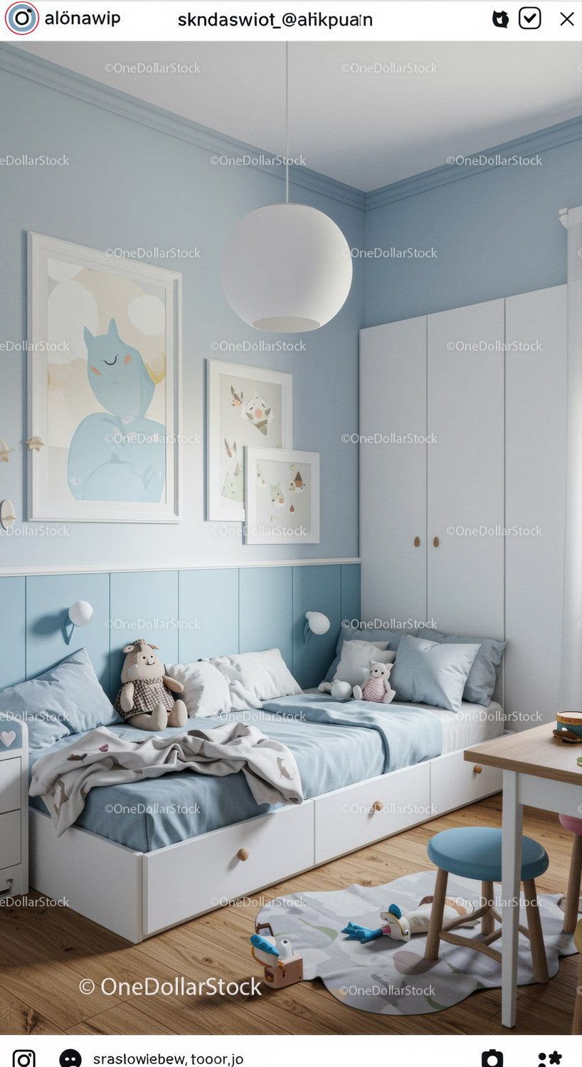 Cozy Children's Bedroom with Pastel Blue Walls and Playful Decor
