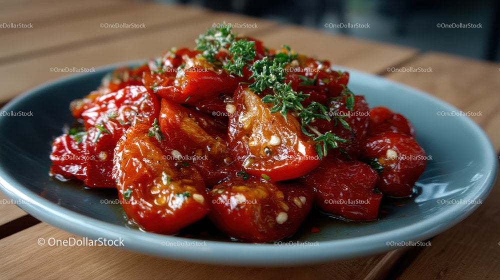 Deliciously Roasted Tomatoes with Fresh Herbs on Blue Plate