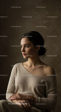 Elegant Woman in Casual Sweater with Side Profile in Soft Lighting