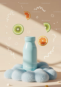 Blue bottle on soft clouds with citrus fruit slices