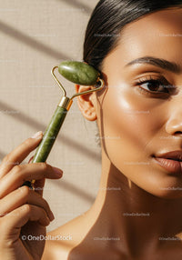 Elegant Woman Using Jade Roller for Facial Skin Care and Relaxation