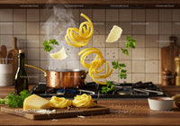 Fresh pasta and herbs with steaming pot on stove