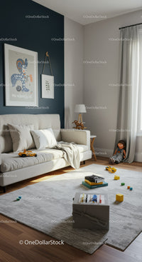 Children's Play Area in Cozy Modern Living Room with Toys and Decor