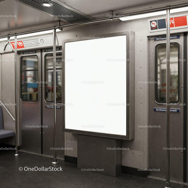 Empty Modern Subway Car Interior With Blank Billboard JPG Mockup Image