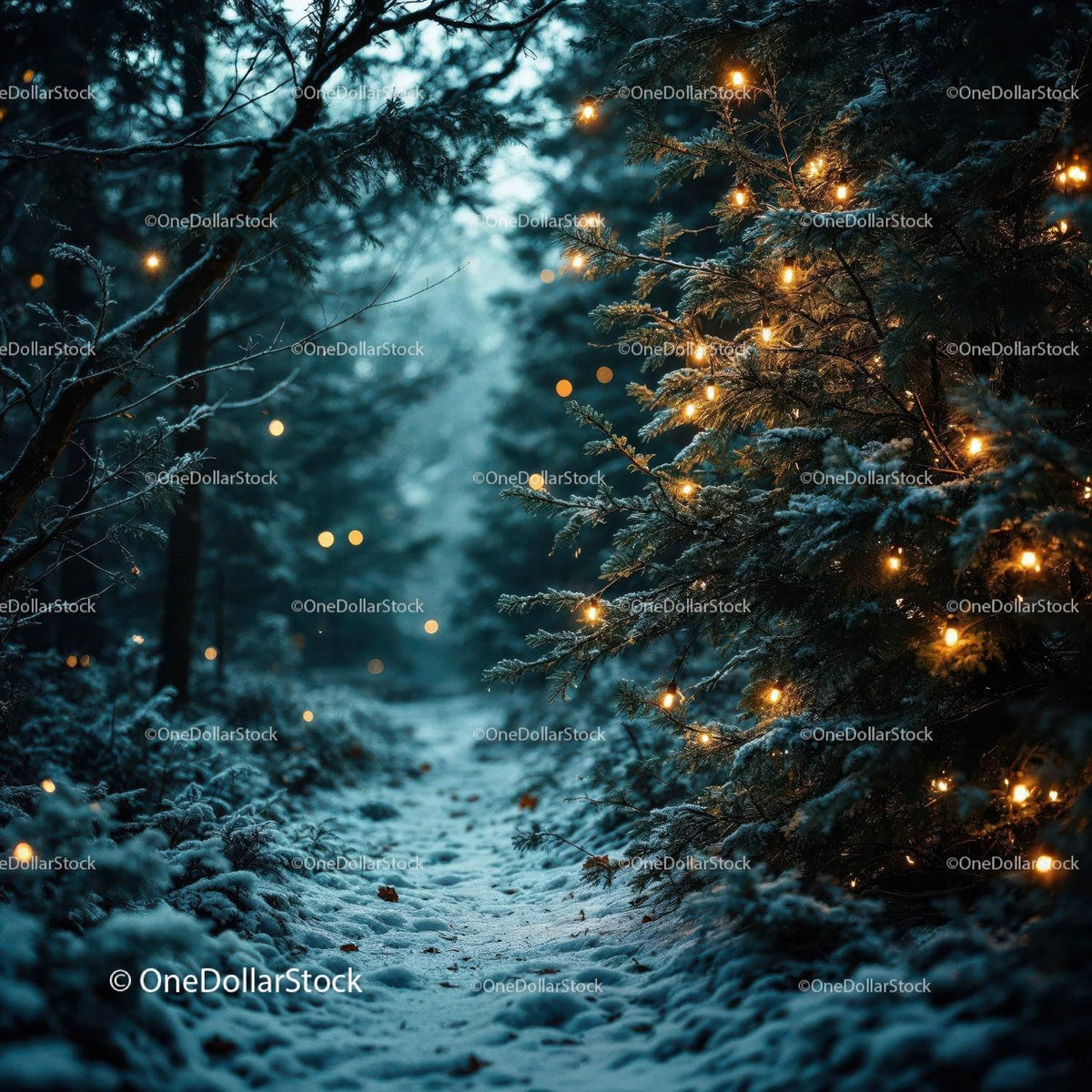 Snowy forest path illuminated with warm fairy lights