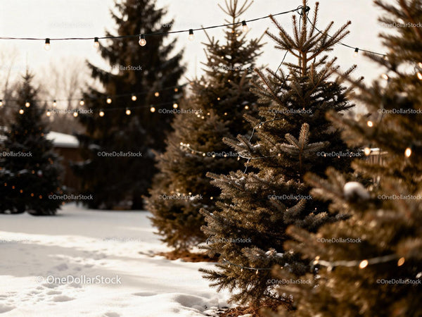 Snowy Christmas tree farm with warm string lights