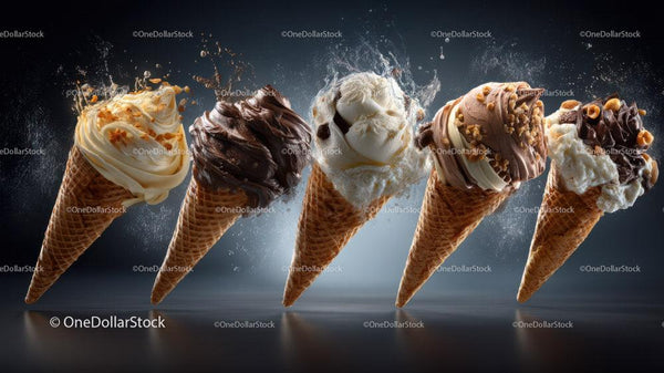Colorful Ice Cream Cones with Toppings and Waffle Cones