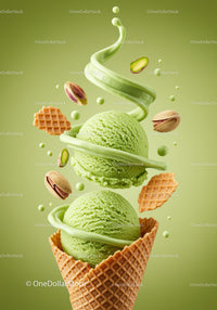 Two scoops of pistachio ice cream in waffle cone