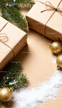 Natural Christmas gifts with pine and golden ornaments