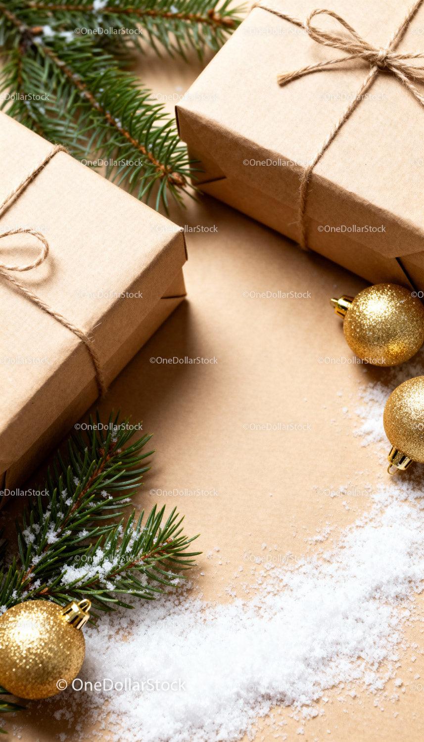 Natural Christmas gifts with pine and golden ornaments
