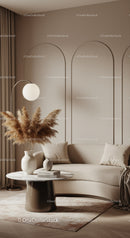 Modern cozy living room with curved sofa and pampas grass