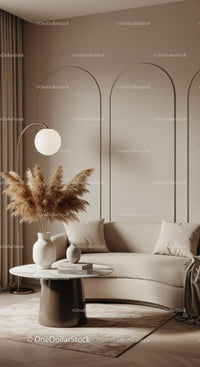 Modern cozy living room with curved sofa and pampas grass