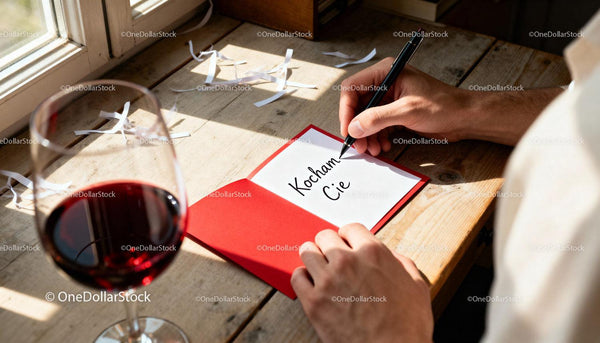 Man writing a heartfelt love note by the window