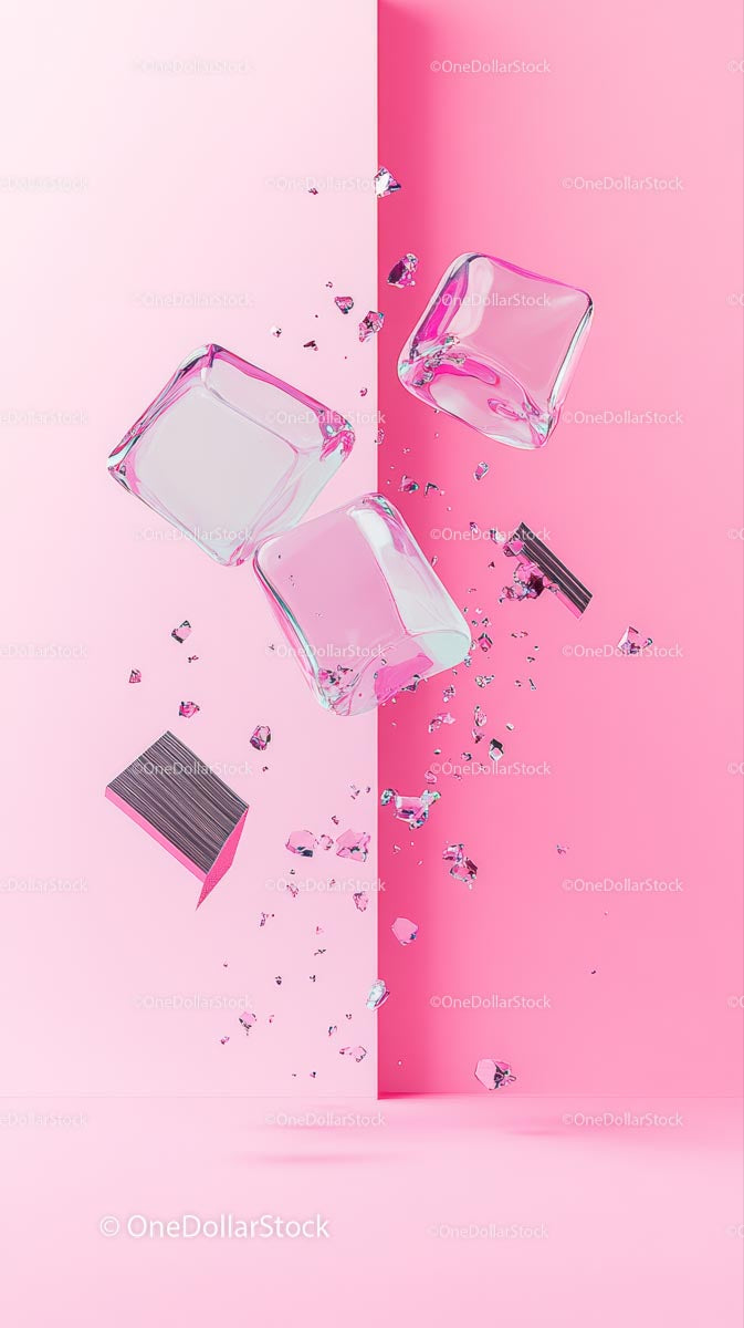 Broken Glass Cubes on Pink and White Background for Creative Design