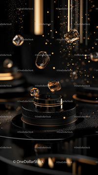 Luxurious Golden Ice Cubes Falling in a Modern High-Tech Setting