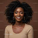 Smiling African American Woman with Curly Hair Wearing Beige Top