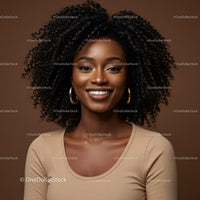 Smiling African American Woman with Curly Hair Wearing Beige Top