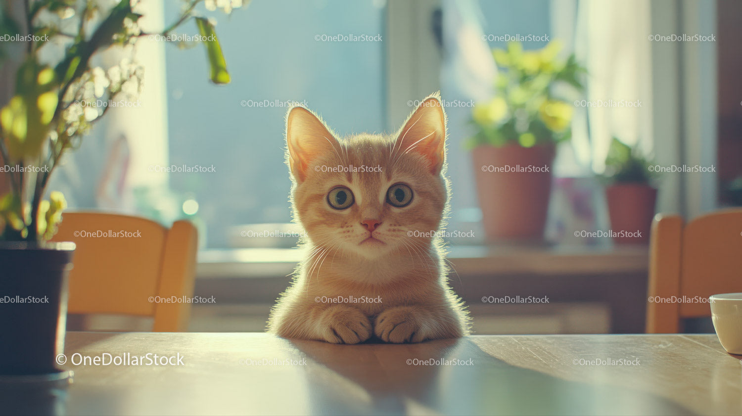 Cute Ginger Kitten Sitting at Table in Sunlit Home