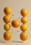 Floating fresh oranges with suspended seeds on beige