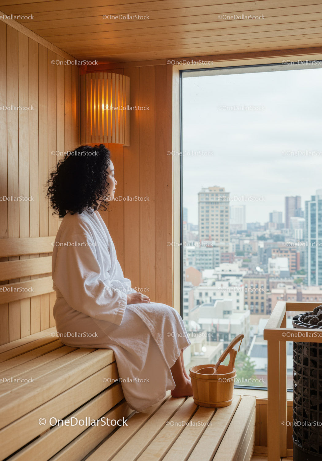 Woman Relaxing in Sauna with City View in Cozy Wooden Spa Room