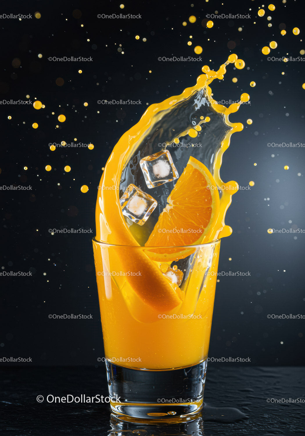 Fresh orange juice splash with ice cubes and fruit slices