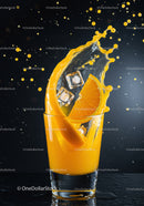 Fresh orange juice splash with ice cubes and fruit slices