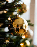 Close-up of Gold Christmas Ornament on Tree Branch