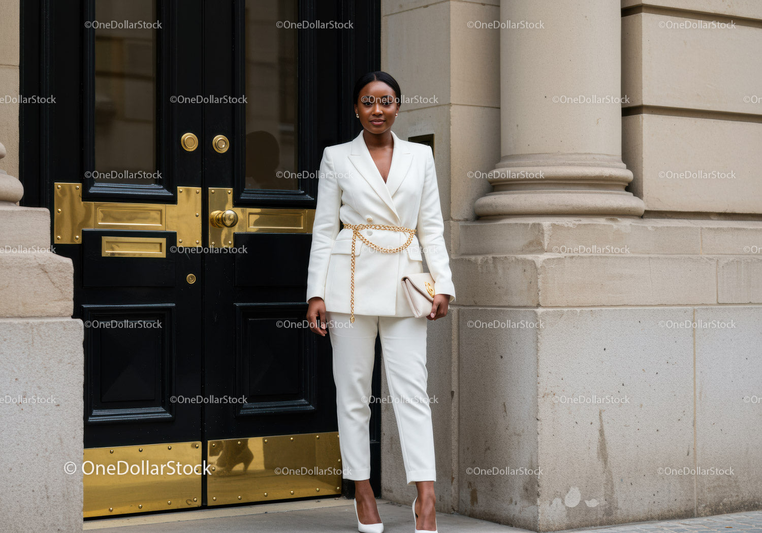 Elegant woman in white suit posing by classic entrance