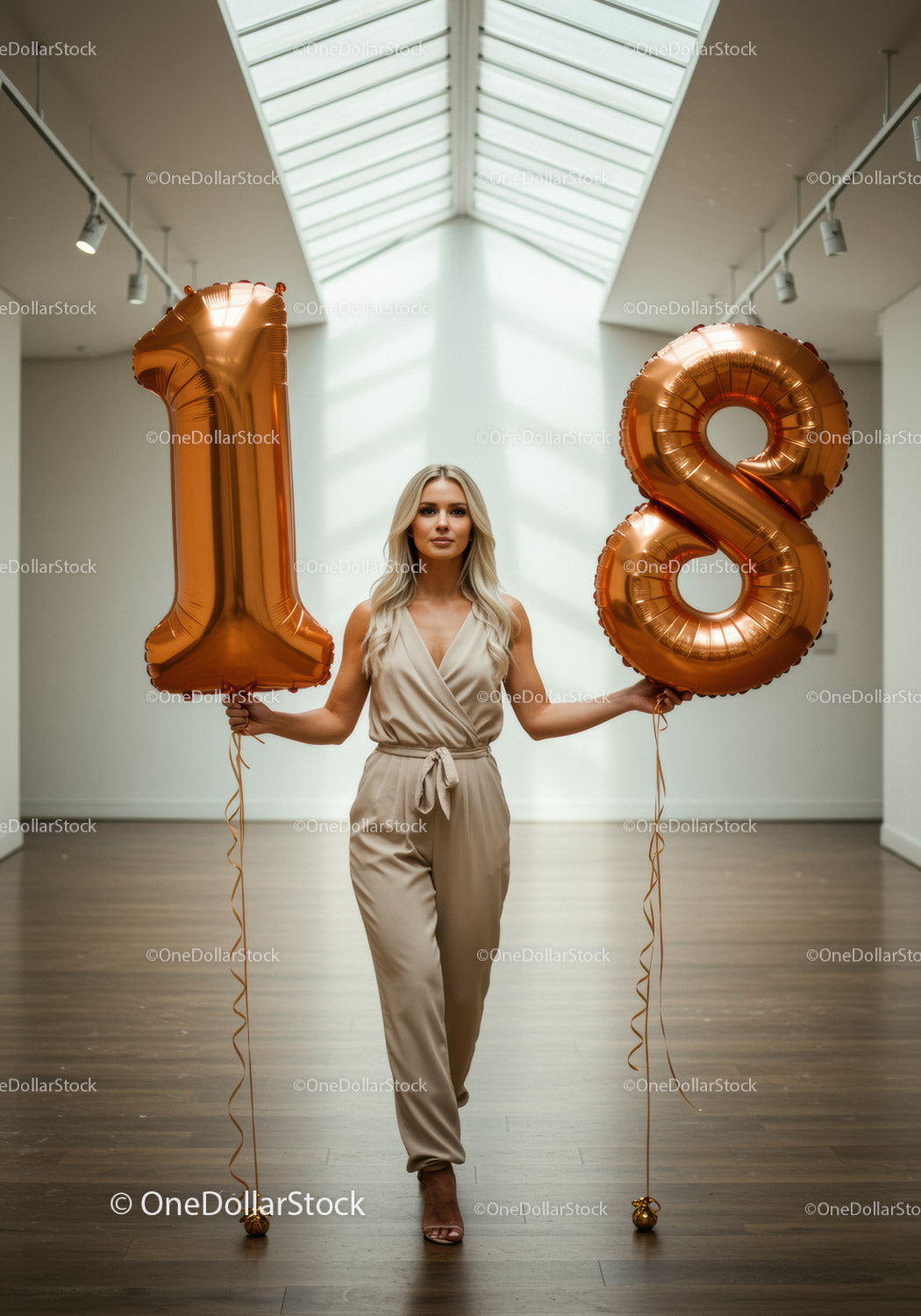 Elegancka kobieta trzymająca w pomieszczeniu dużą liczbę balonów 18